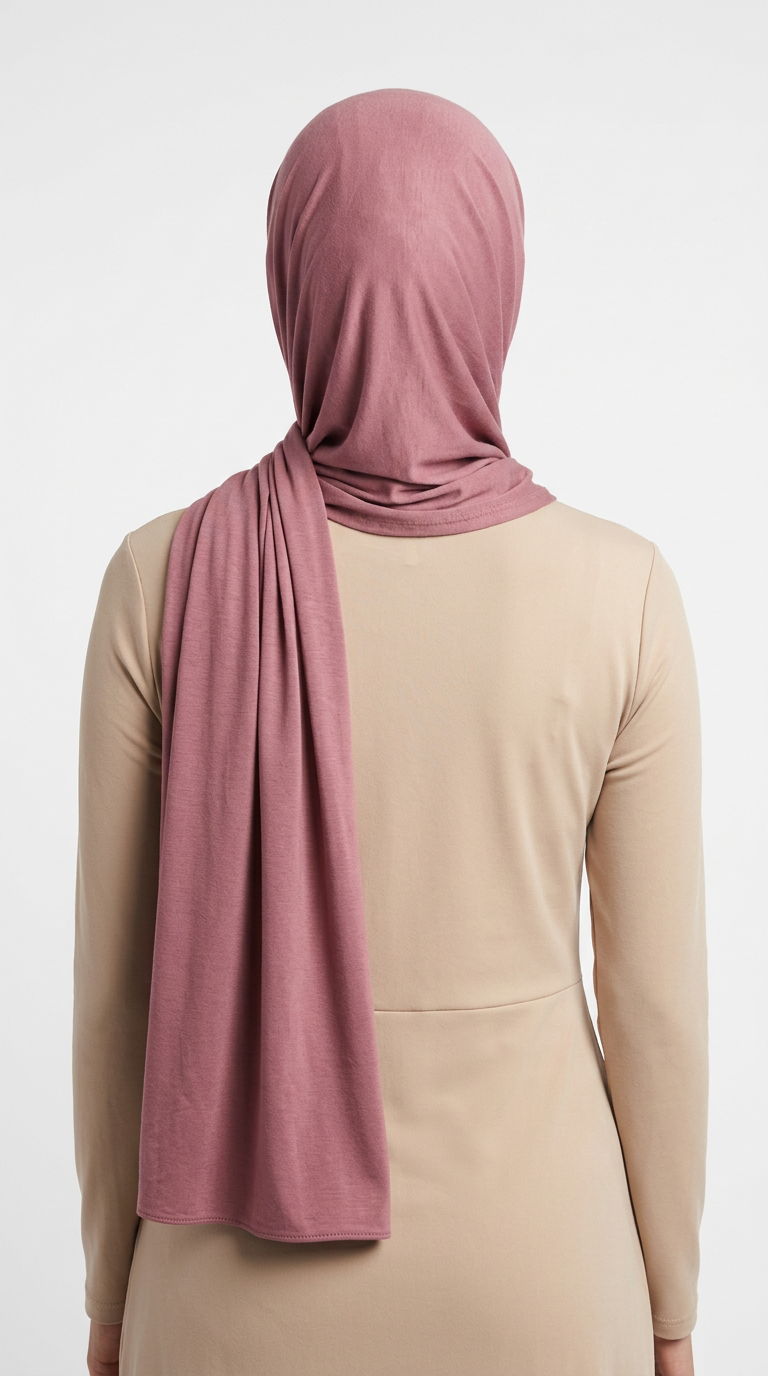 Model wearing a taupe Premium Jersey Hijab, back view