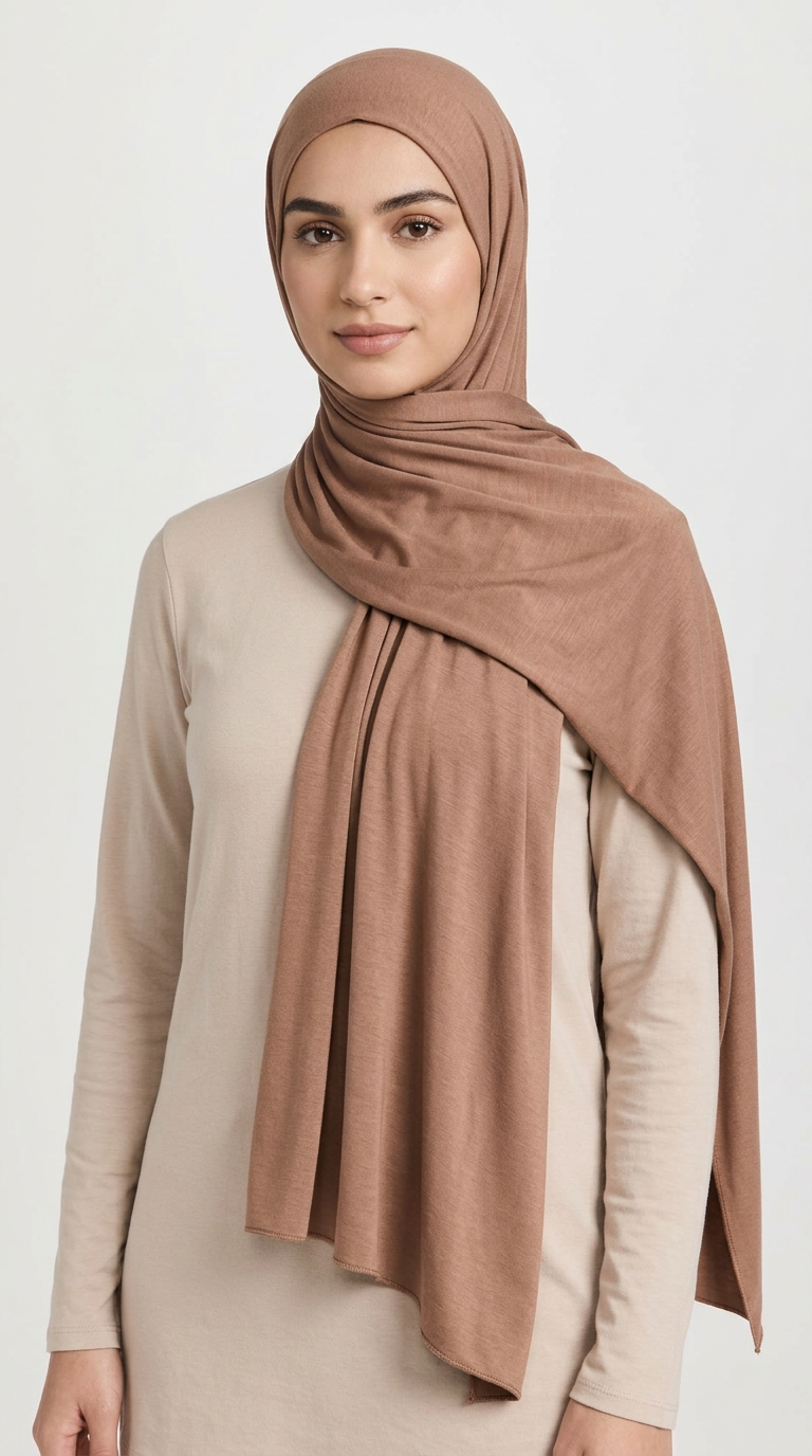 Model wearing a camel brown Premium Jersey Hijab