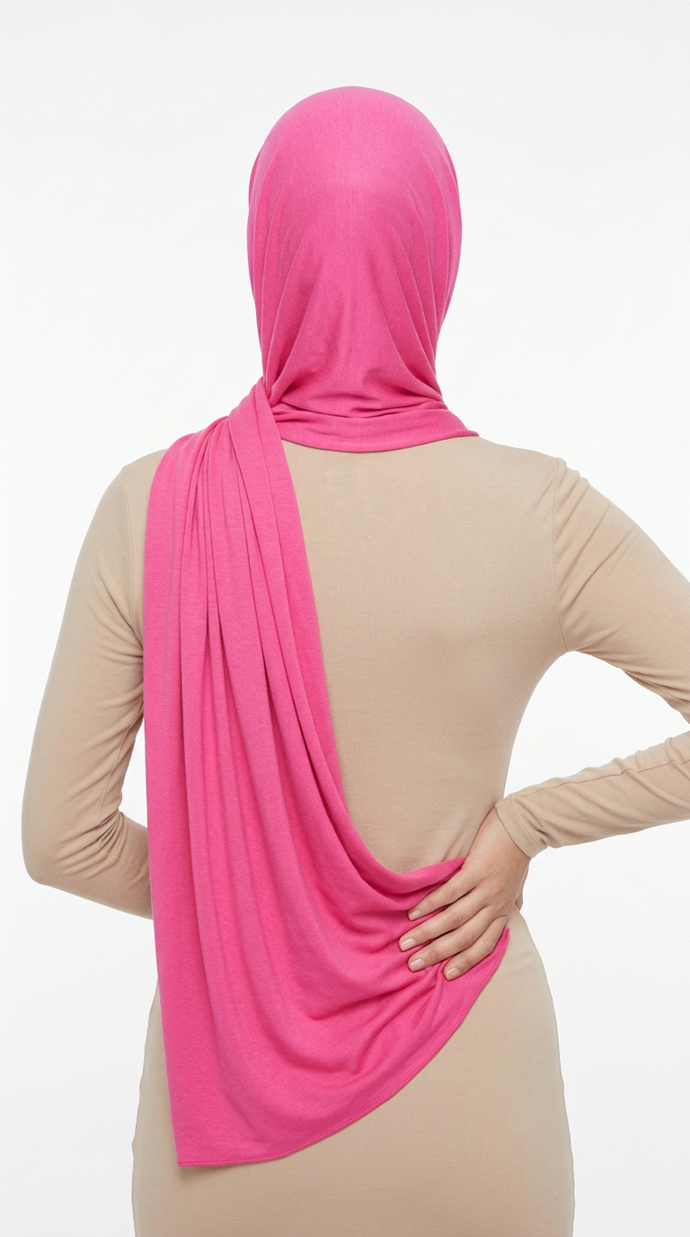 Model wearing a bright pink Premium Jersey Hijab, back view