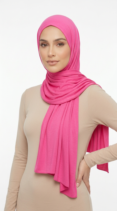 Model wearing a bright pink Premium Jersey Hijab