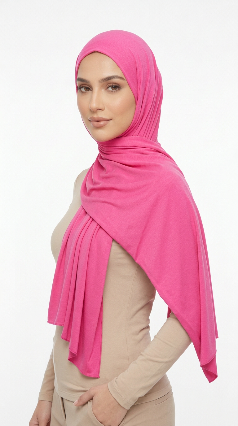 Model wearing a bright pink Premium Jersey Hijab