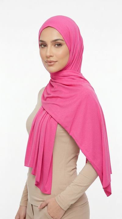 Model wearing a bright pink Premium Jersey Hijab
