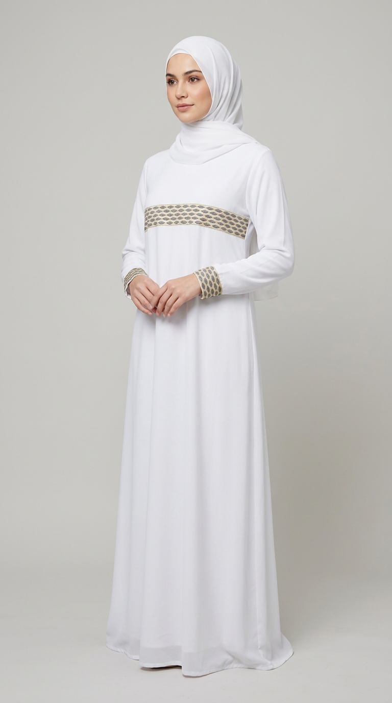 A woman wearing a white long-sleeved hijab dress with a decorative beige and gold woven band at the waist and matching wrist bands, standing against a plain light gray studio background.