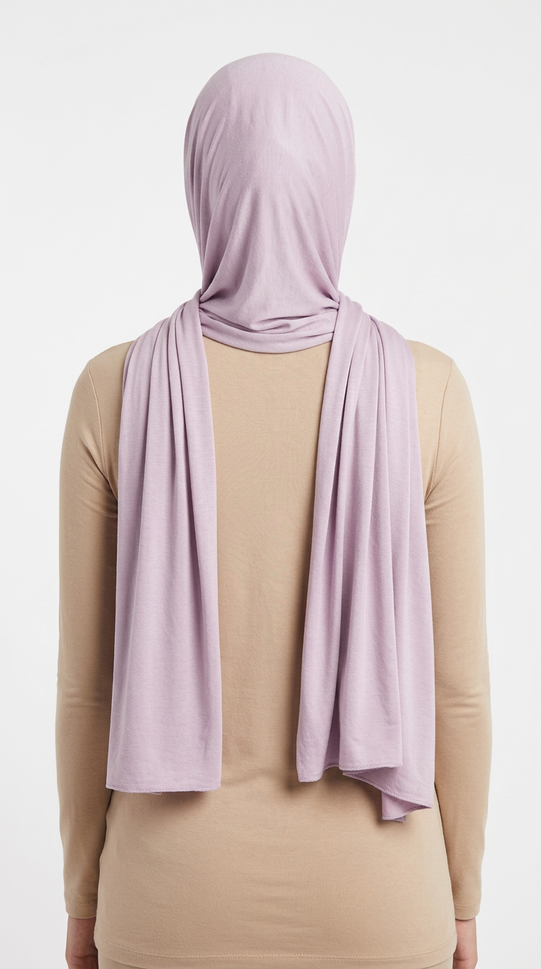 Model wearing a lilac Premium Jersey Hijab, back view