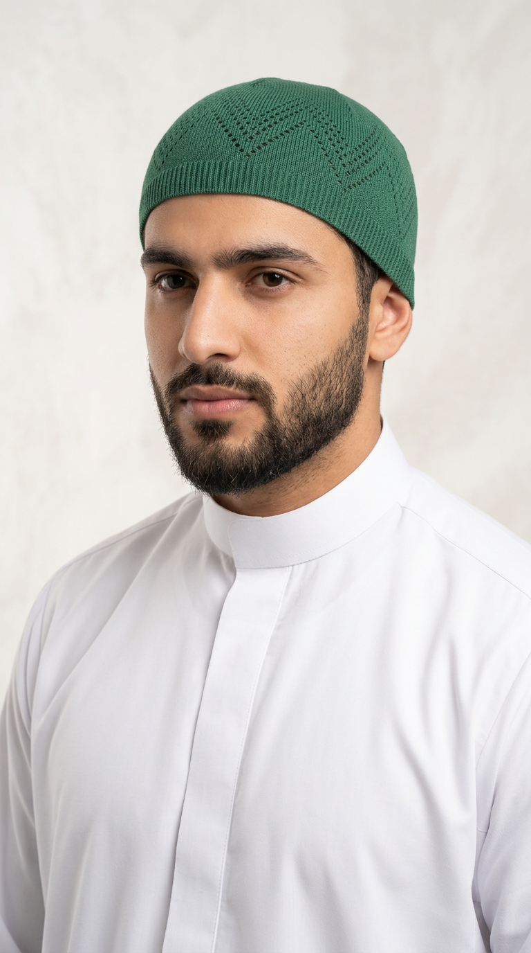 Man wearing a forest green topi prayer cap, front view