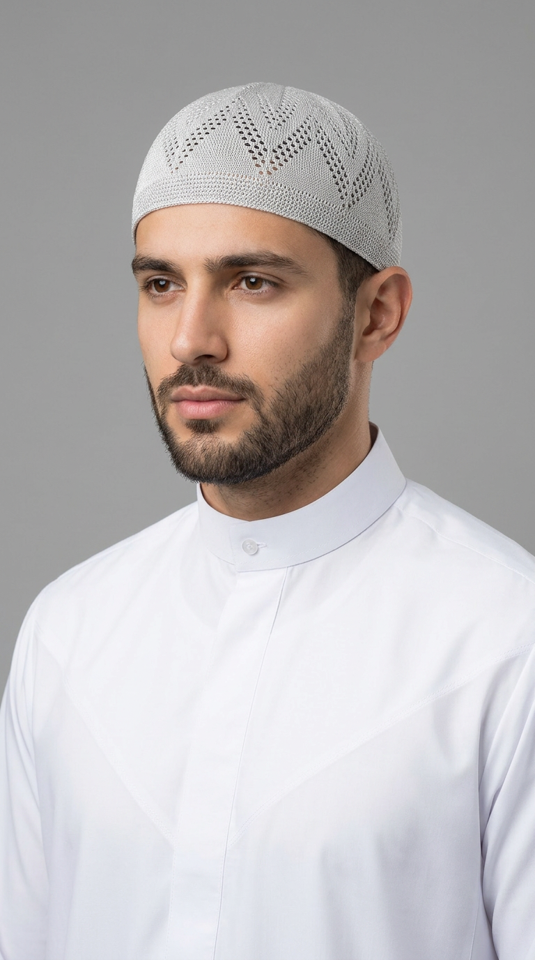 Man wearing a gray topi prayer cap, front view