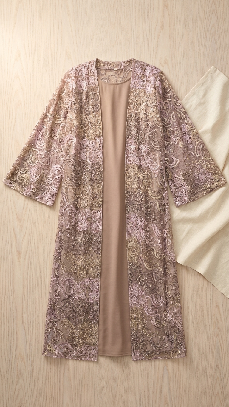 A long-sleeve open-front cardigan or robe with a beige inner lining and an allover floral lace overlay in dusty pink and gold, laid flat on a light wood background next to a cream fabric prop.