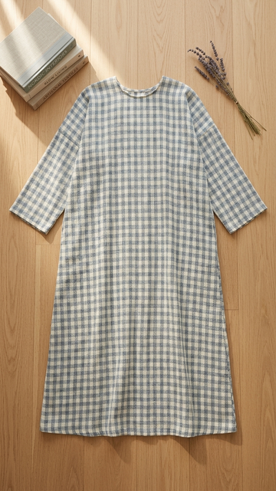 A long-sleeve A-line dress with a blue and white gingham check pattern, laid flat on a light wood floor with decorative books and dried lavender.