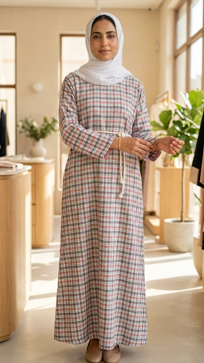 A woman wearing a long-sleeved, floor-length plaid abaya dress and a white hijab, standing in a brightly lit boutique interior.