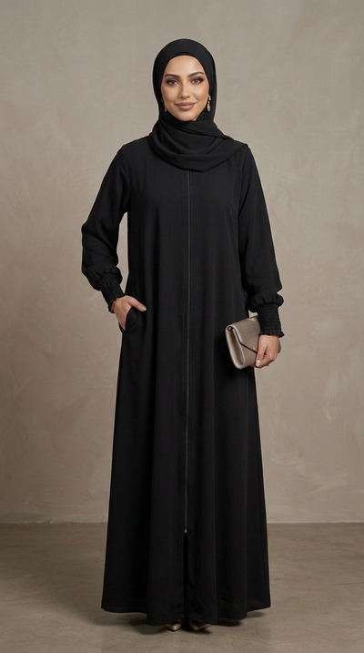 A woman wearing a long black abaya with a high draped neckline, matching black hijab, and black long sleeves, standing against a neutral beige studio backdrop and holding a small taupe clutch.