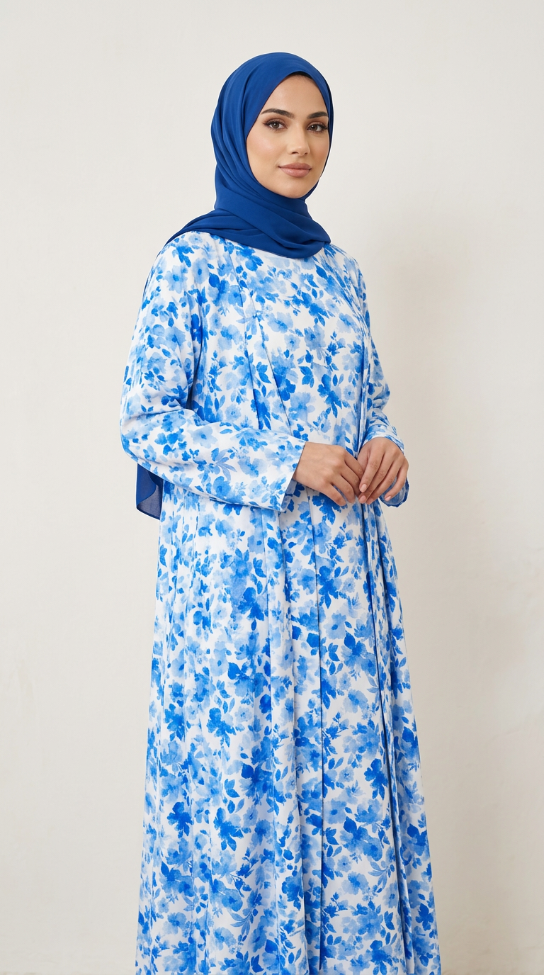A woman wearing a long-sleeved blue and white floral print hijab dress and a solid blue hijab, standing against a plain light beige background.