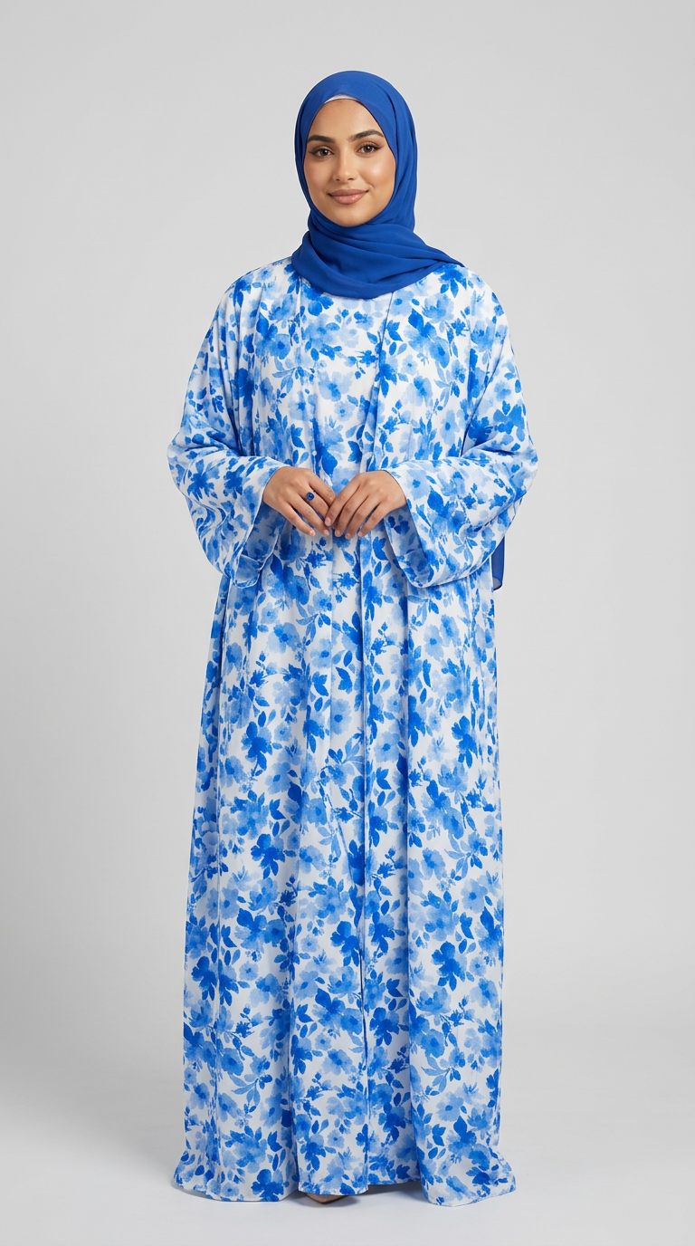 A woman modeling a long-sleeved blue and white floral print abaya dress with a matching royal blue hijab, standing against a neutral light gray background.