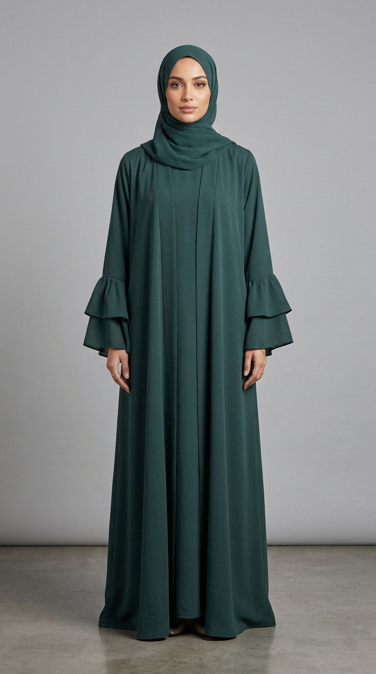 A woman wearing a dark teal green modest outfit, including a long flowing abaya with tiered ruffle sleeves and a matching hijab, standing against a neutral gray studio background.