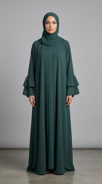 A woman wearing a dark teal green modest outfit, including a long flowing abaya with tiered ruffle sleeves and a matching hijab, standing against a neutral gray studio background.
