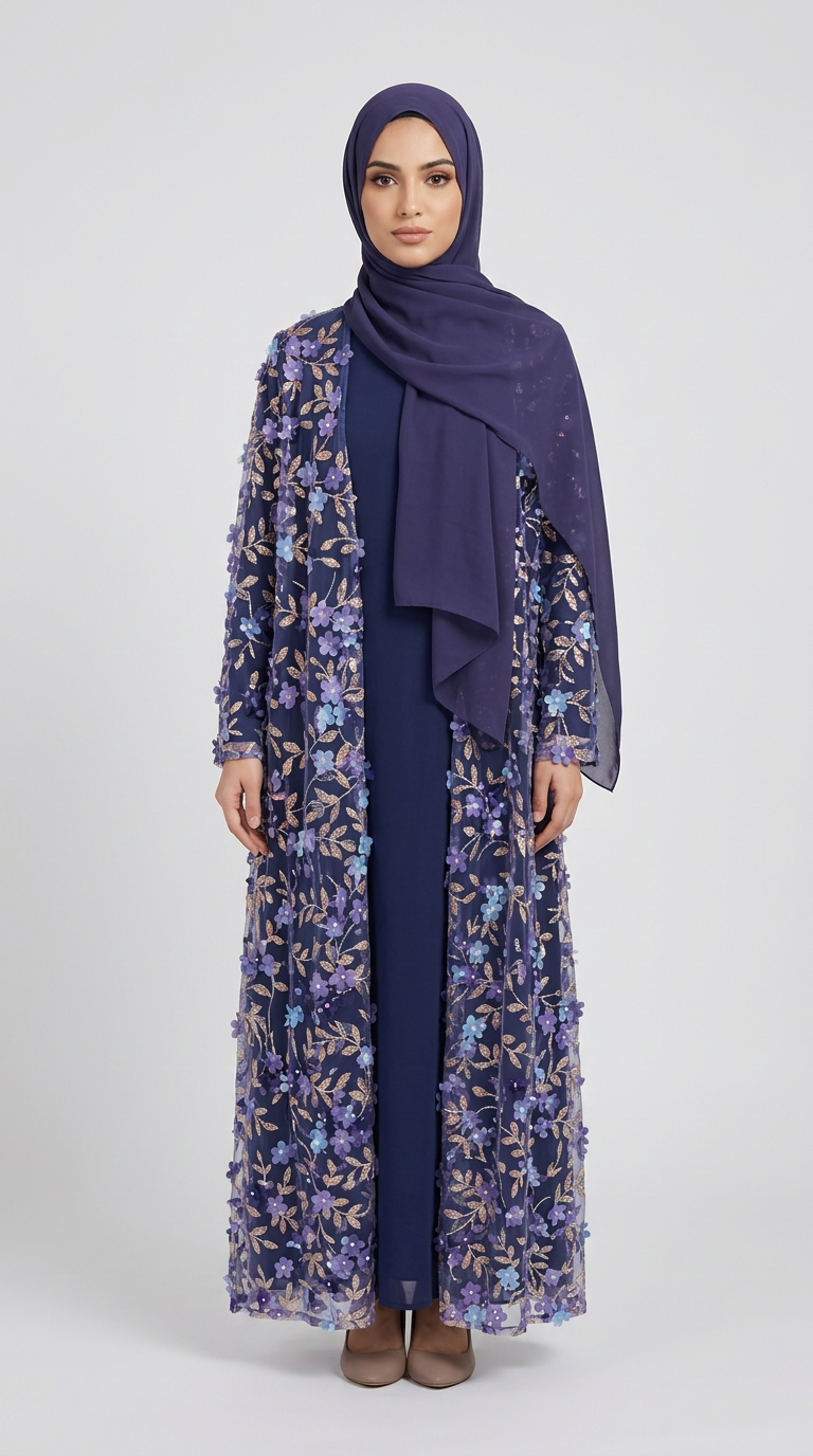 A woman modeling a long navy blue modest outfit with a matching hijab, featuring a sheer floral embroidered outer layer in purple, blue, and gold tones, photographed against a light gray studio background.