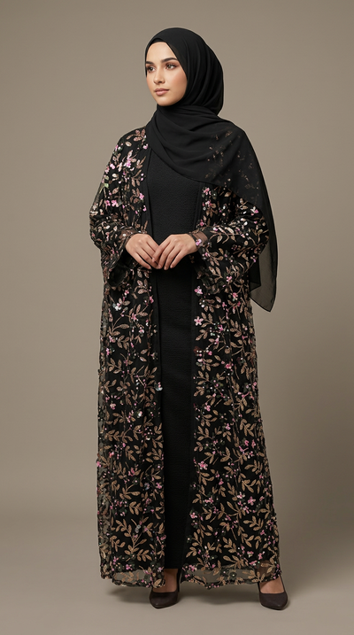 A woman wearing a black abaya with an intricate floral pattern in pink and gold, paired with a solid black inner dress and a black hijab, standing against a neutral beige background.