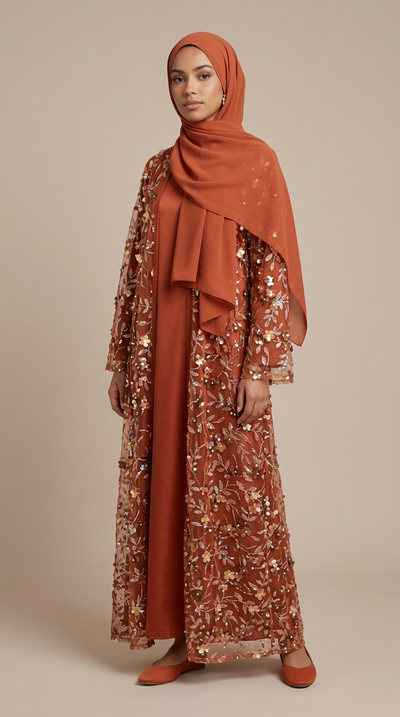 A woman modeling a rust-orange hijab and matching long-sleeve dress with dense gold floral embroidery, photographed against a plain beige studio background.
