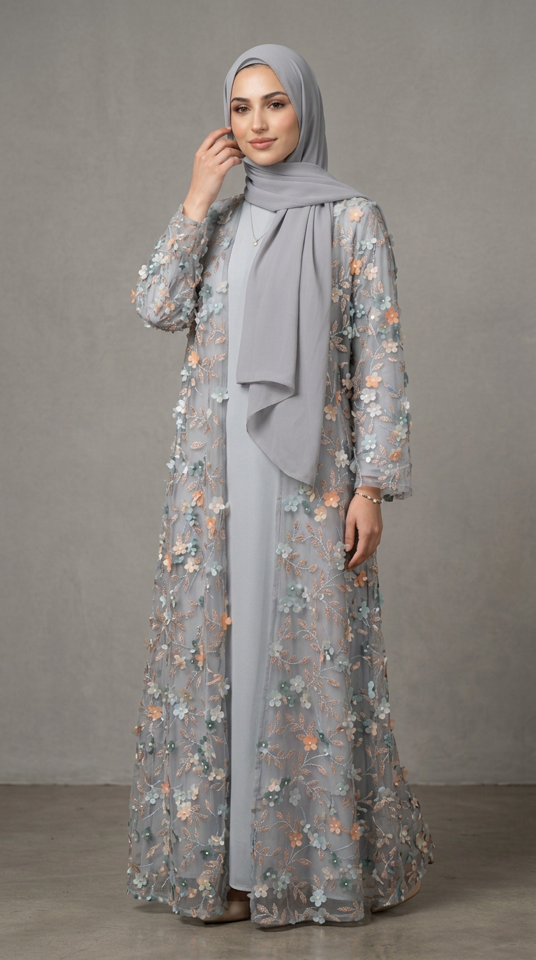 A woman modeling a modest outfit consisting of a light gray abaya, a matching hijab, and a long sheer gray embroidered outer layer with floral patterns in pastel tones, set against a neutral gray studio background.