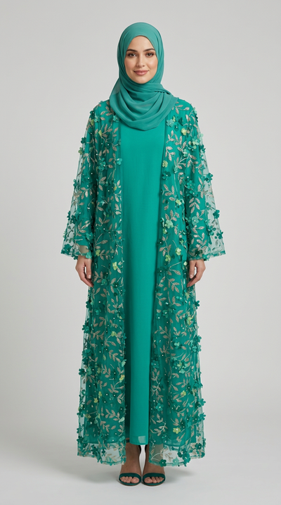 A woman modeling a long teal green abaya dress with 3D floral embroidery and a matching sheer hijab, standing against a light gray studio background.