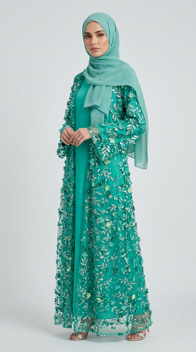 A woman modeling a long teal green modest dress with intricate silver floral embroidery and a matching sheer embroidered outer layer, paired with a matching teal hijab, against a light gray studio background.