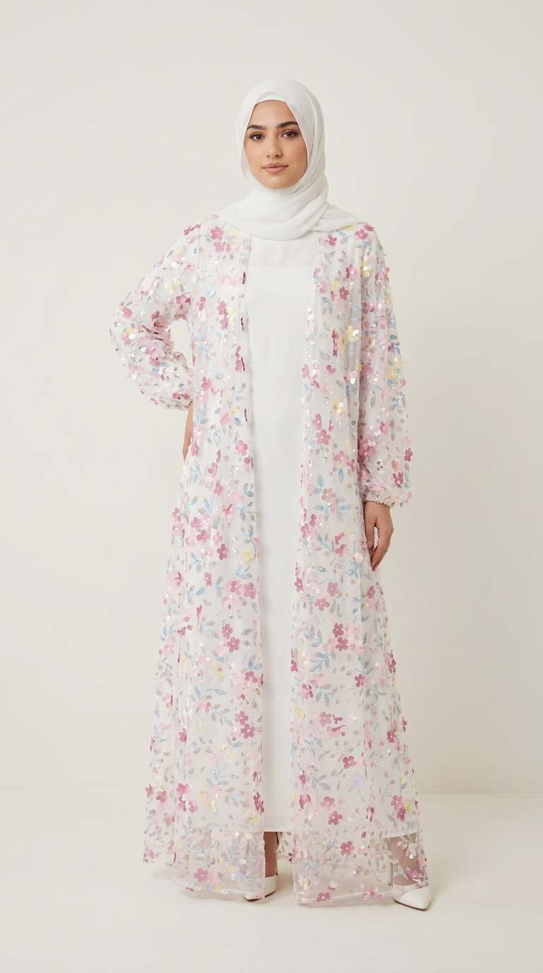 A woman wearing a long white abaya dress with a pink and multicolor floral print overlay, paired with a white hijab, standing against a plain light beige studio background.