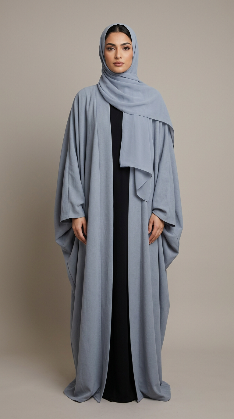 A woman modeling a light blue-gray abaya with a matching draped hijab over a black dress, standing against a solid beige studio background.
