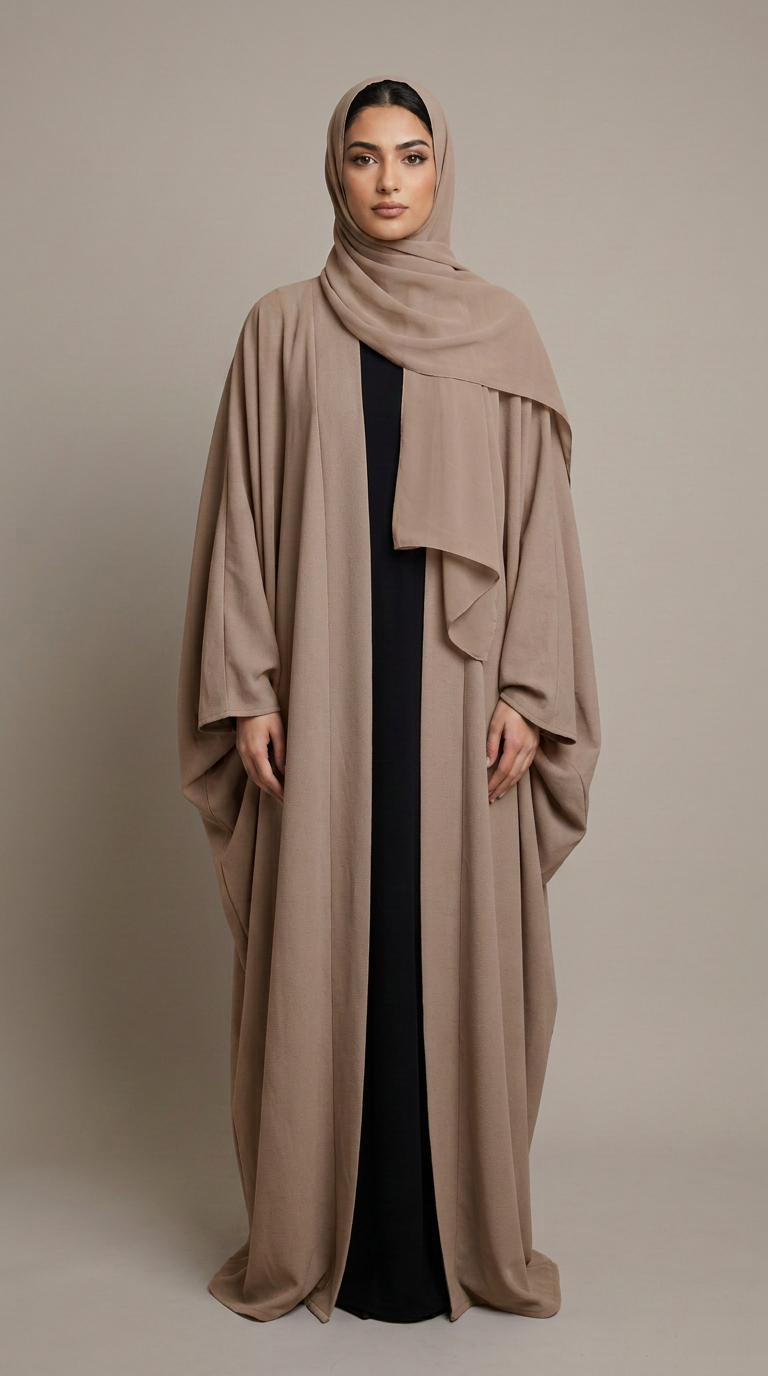 A woman modeling a long taupe abaya with a matching draped hijab over a black dress, photographed against a solid neutral studio background.