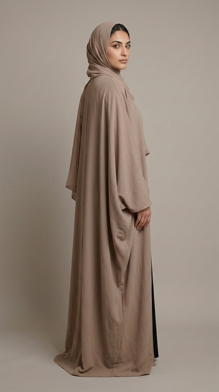 A woman wearing a flowing taupe abaya and matching hijab, standing in profile against a neutral studio backdrop.
