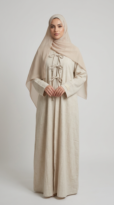 A woman wearing a long, loose beige abaya dress with a matching hijab, standing against a plain light gray studio background.