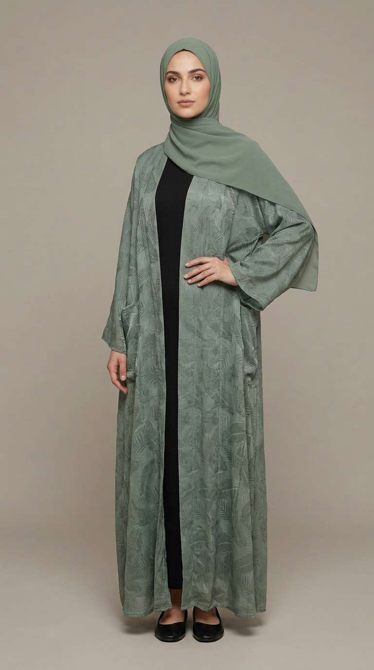 A woman modeling a sage green abaya with a matching hijab, worn over a black dress, against a solid beige studio background.