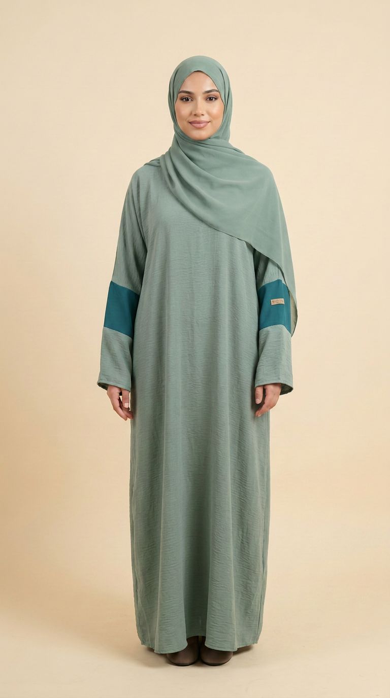 A woman wearing a sage green abaya with teal color-blocked sleeve panels and a matching sage green hijab, standing against a solid beige studio background.