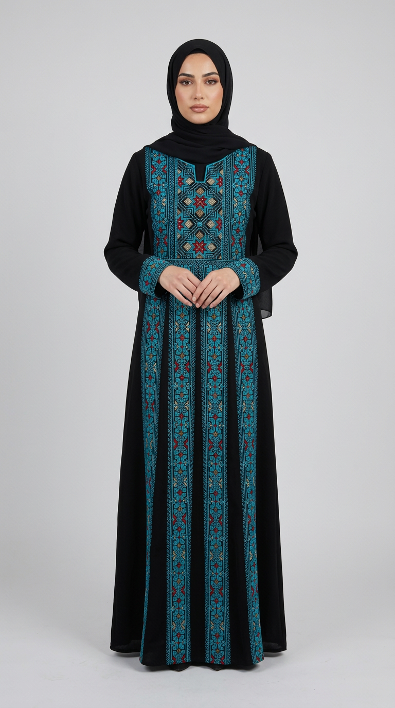 A woman wearing a long black abaya dress with teal and red geometric embroidery down the front panels and sleeves, paired with a black hijab, standing against a light gray studio background.