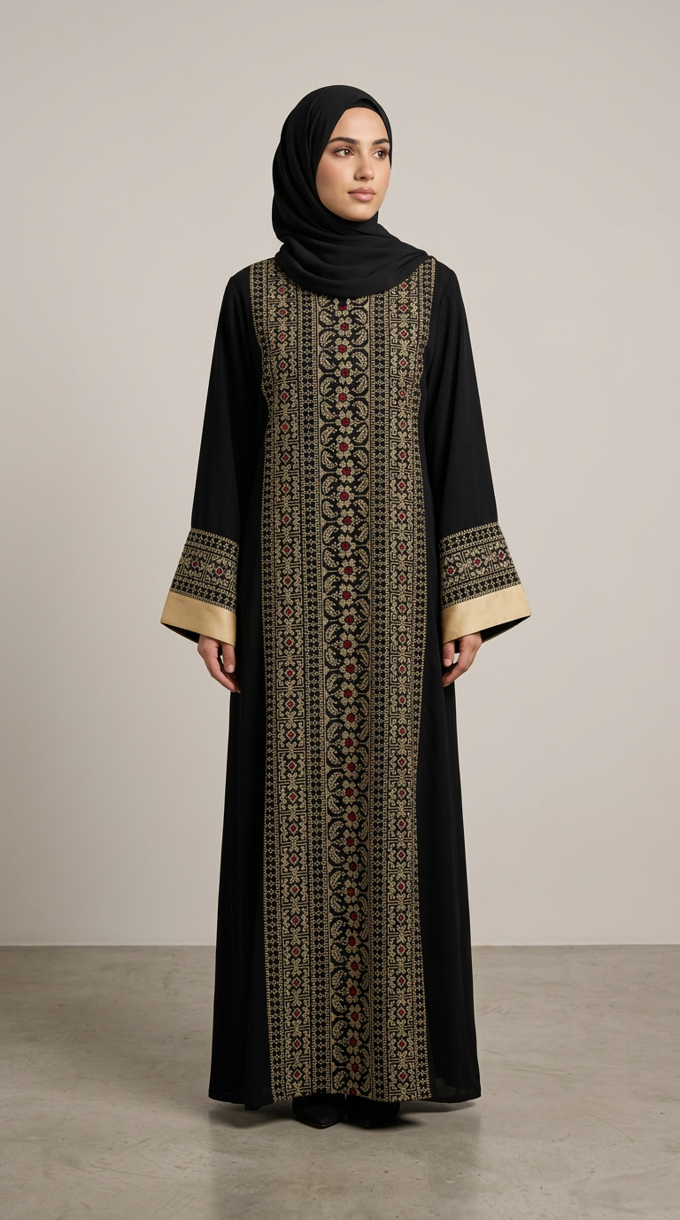 A woman wearing a long black abaya with ornate gold and beige geometric embroidery down the front and on the wide sleeves, paired with a matching black hijab, standing against a neutral studio backdrop.