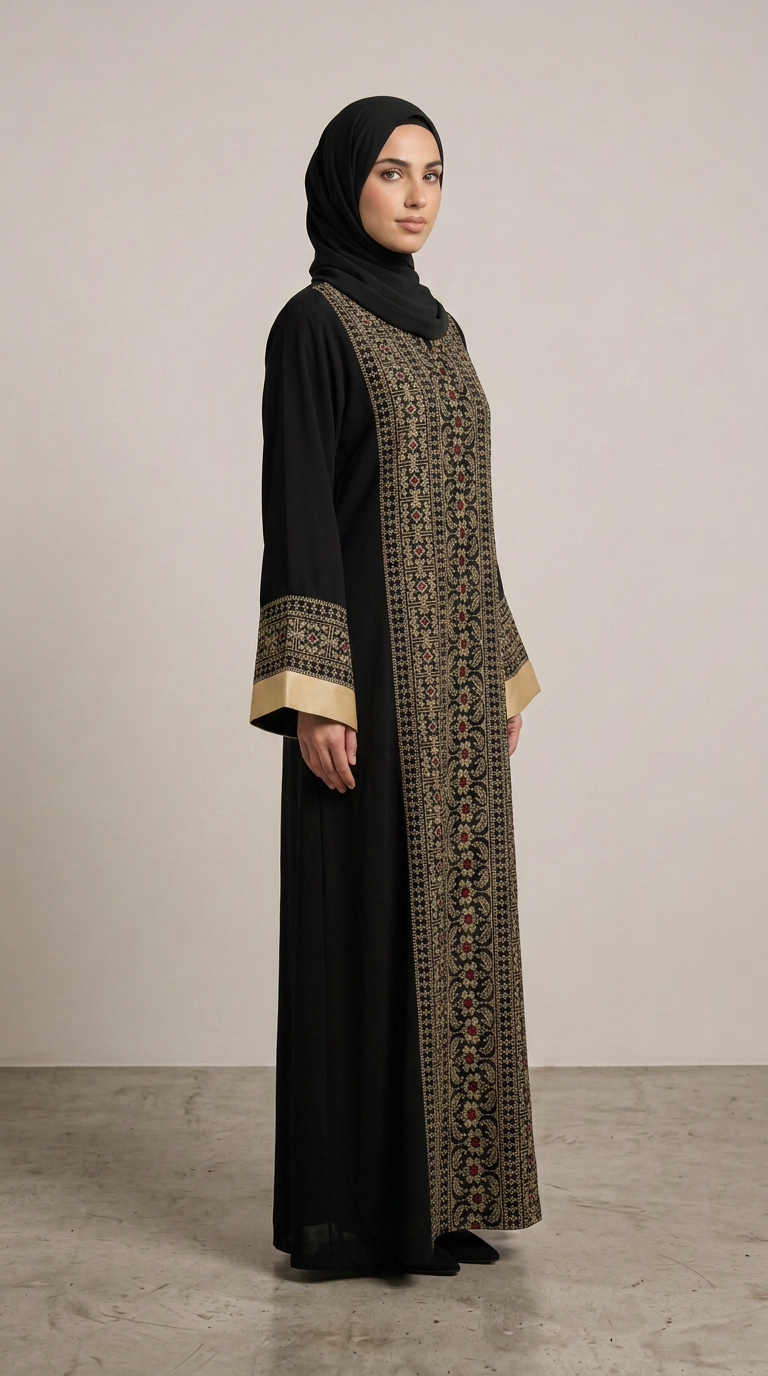 A woman wearing a black abaya with ornate gold and beige embroidery on the front panel and cuffs, paired with a black hijab, standing in profile against a neutral studio backdrop.