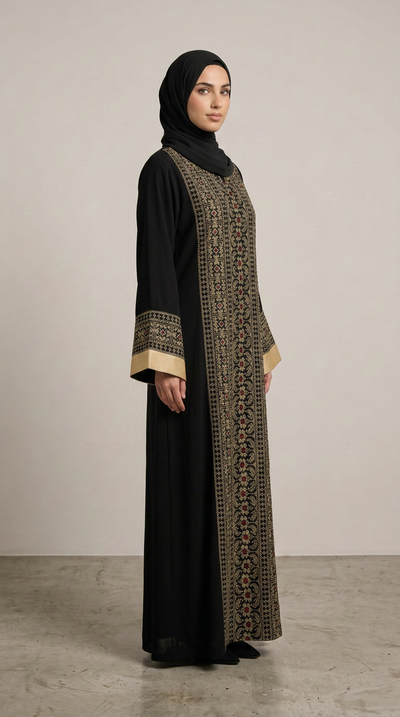 A woman wearing a black abaya with ornate gold and beige embroidery on the front panel and cuffs, paired with a black hijab, standing in profile against a neutral studio backdrop.