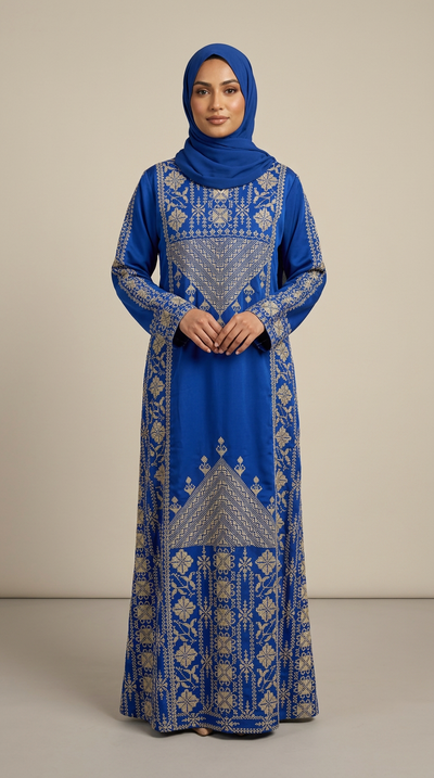 A woman wearing a royal blue long-sleeve abaya with intricate silver embroidery and a matching blue hijab, standing against a neutral beige studio background.