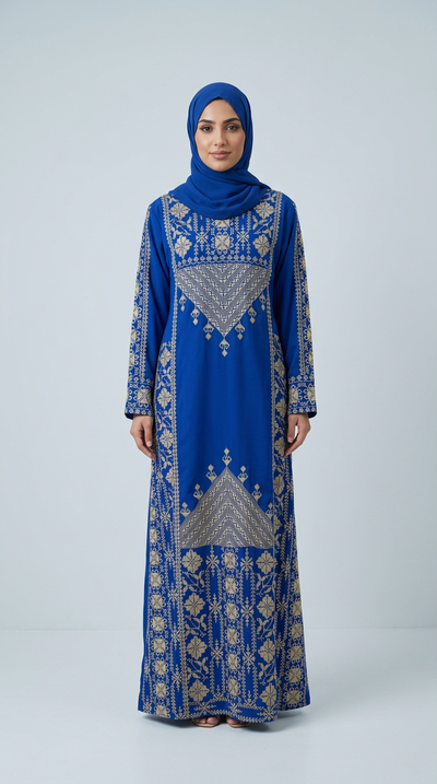 A woman wearing a royal blue long-sleeved abaya with intricate gold embroidery and a matching blue hijab, standing against a light gray studio background.