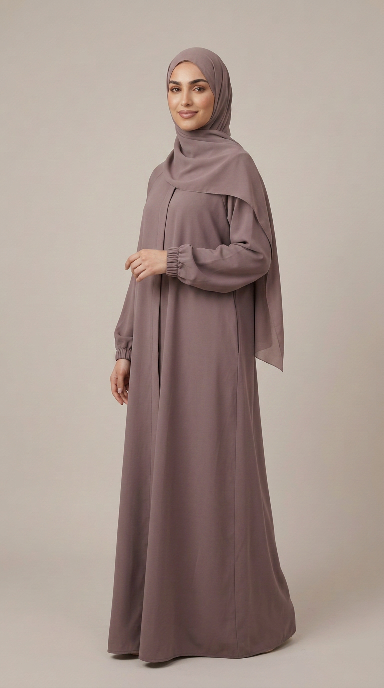 A woman wearing a long, flowing abaya in a muted dusty mauve color, paired with a matching hijab, standing against a solid light beige studio background.