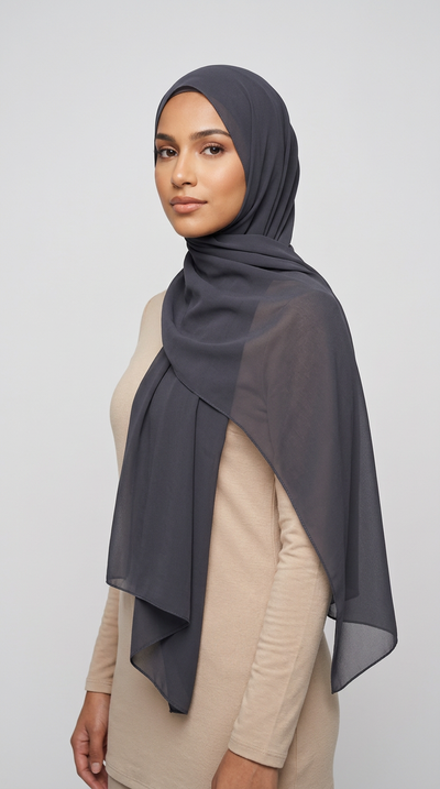 Model wearing the Iron Premium Chiffon Hijab, angled view