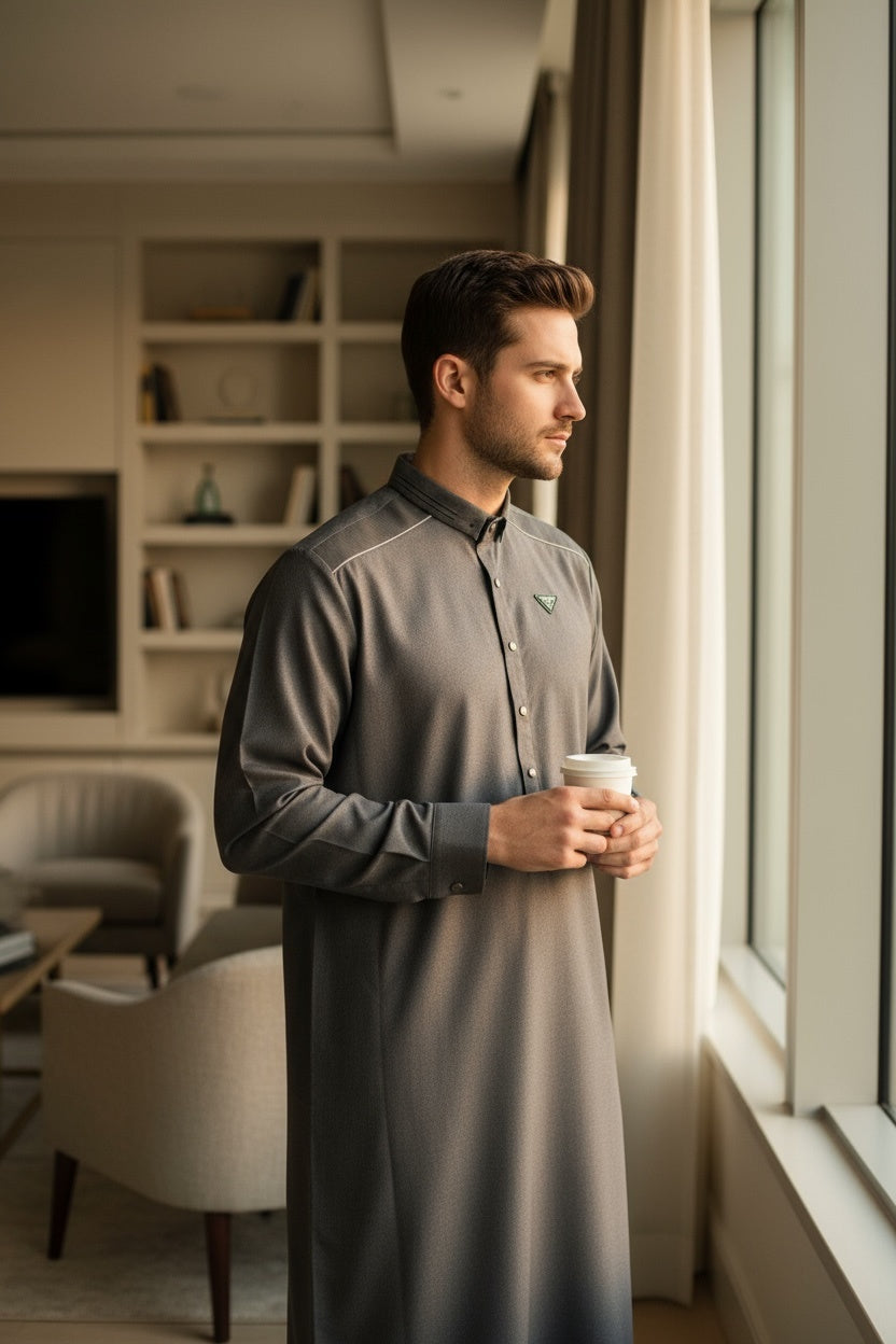 Man in a gray robe holding a cup, standing by a window in a modern living room.