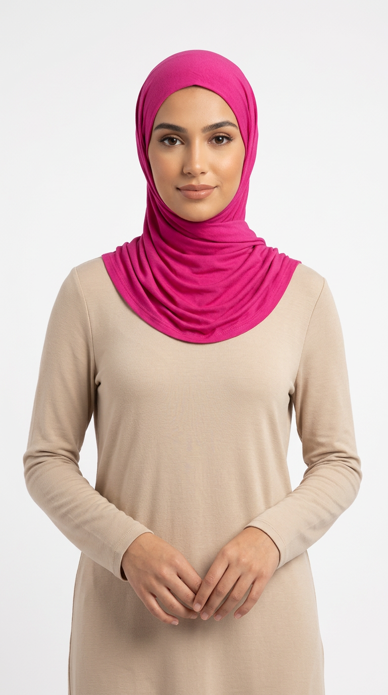 Woman wearing the Magenta Big Jersey Hijab with a beige top