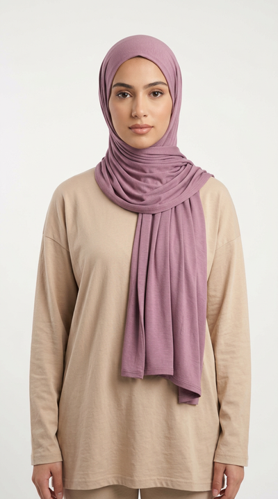 Woman wearing the Mulberry Big Jersey Hijab with a beige top