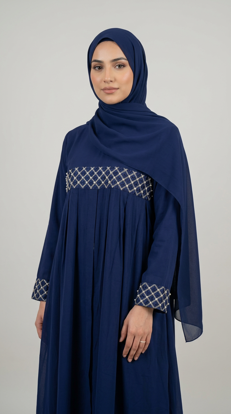 A woman wearing a navy blue modest dress with a matching hijab, featuring a geometric patterned trim at the waist and cuffs, photographed against a neutral light gray background.