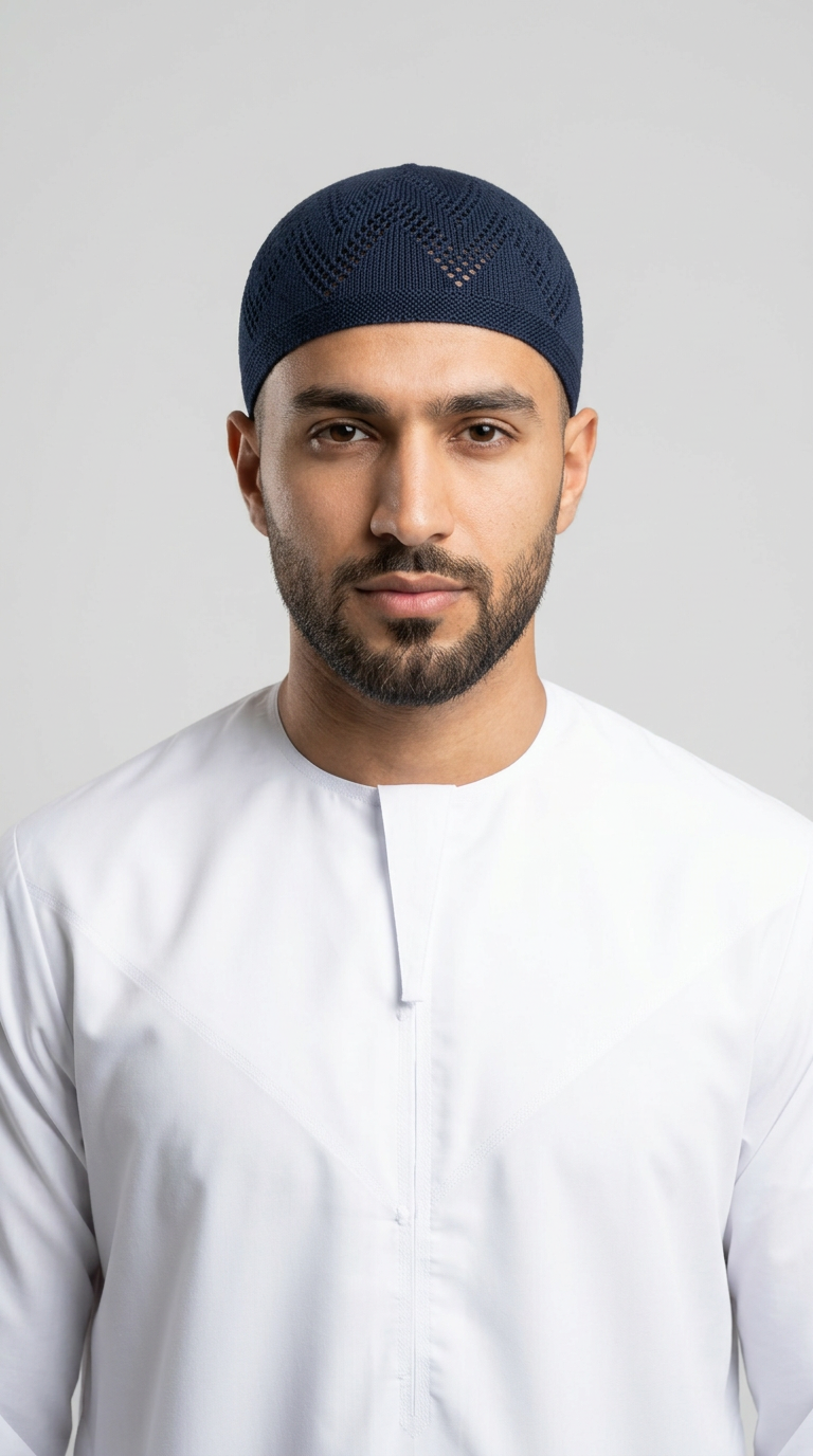 Man wearing a navy topi prayer cap, front view