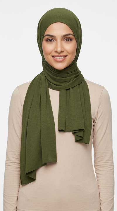 Model wearing a olive green Premium Jersey Hijab