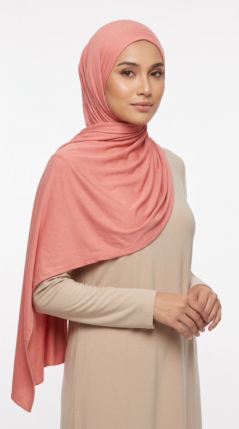 Model wearing a peach Premium Jersey Hijab