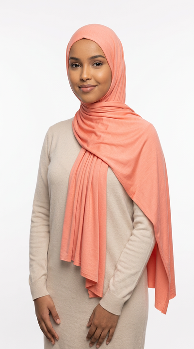 Model wearing a peach Premium Jersey Hijab