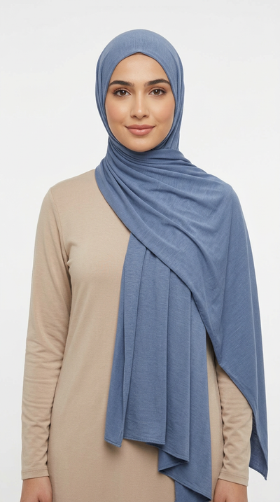 Woman wearing the Pigeon Big Jersey Hijab with a beige top