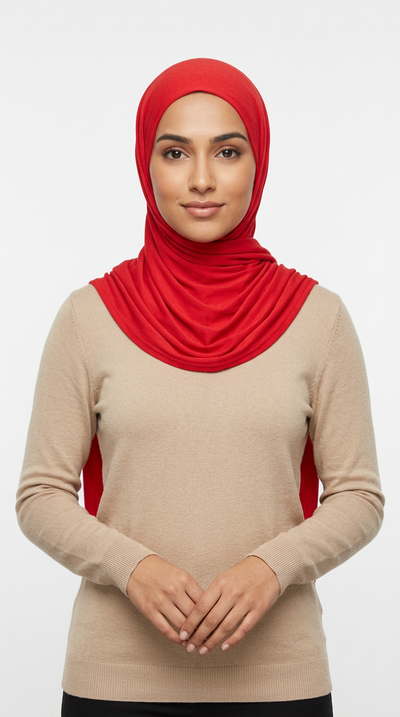 Woman wearing the Red Big Jersey Hijab with a beige top