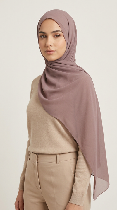 Model wearing the Redwood Premium Chiffon Hijab, angled view